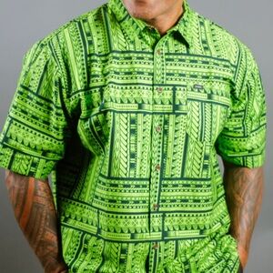Men's Short-Sleeve Button-Down Shirt in Neon Green Geometric Print
